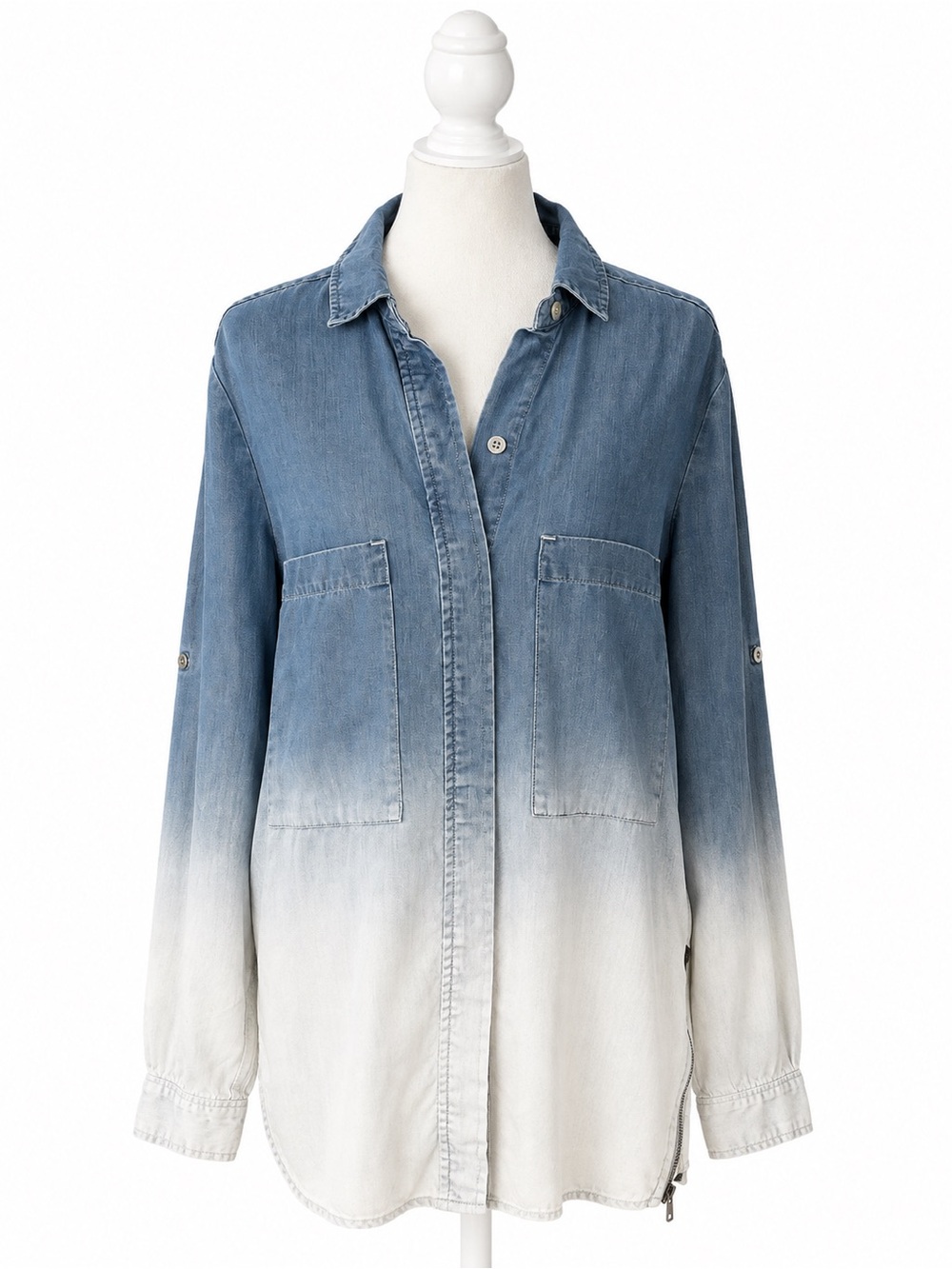 Holding Horses Anthropologie Ombre Chambray Shirt Womens Lyocell Zip Side Top 0